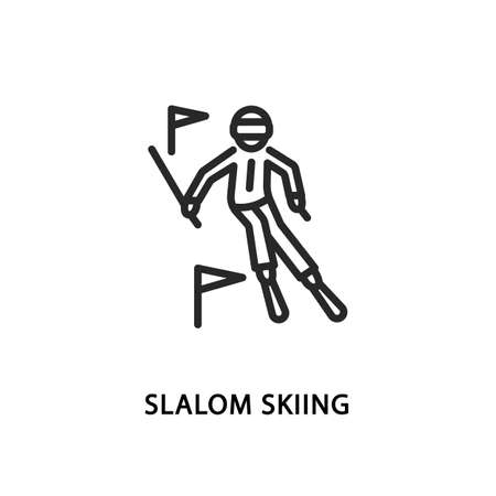 Slalom skier flat line icon. Vector illustration a person who is skiing down the mountain between flagsのイラスト素材