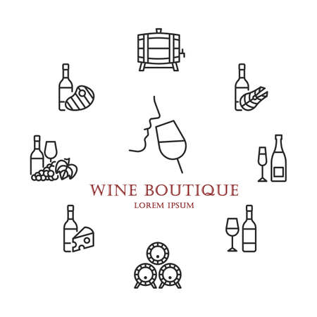 Wine boutique circle banner with flat line icons. in the centre you can write any text. Wine shop designのイラスト素材