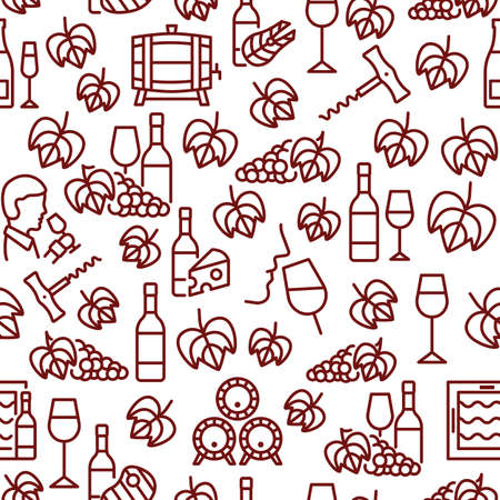 Wine seamless pattern with flat line icon red color on white background. Wine shop designのイラスト素材