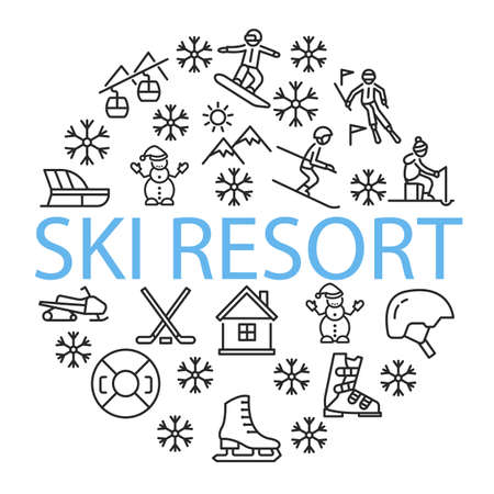 Winter sport circle banner with flat line icons. Vector illustration ski resort symbols on white background included skier, slalom, snowboarder, cableway, equipment. In the center you can write any text.のイラスト素材