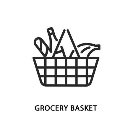 Grocery basket flat line icon. Vector illustration shopping basket with productsのイラスト素材