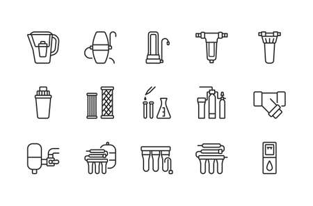 Water filter flat line icon. Vector illustration of different types of water filtration equipment included countertop, undersink, pitcher container, whole house, reverse osmosis, fine filter. Editable strokesのイラスト素材