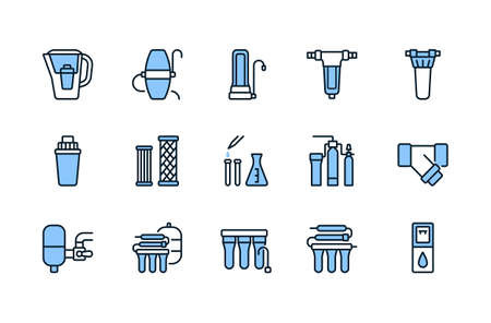Water filter flat line icon blue color. Vector illustration of different types of water filtration equipment included undersink, pitcher container, reverse osmosis, fine filter. Editable strokesのイラスト素材