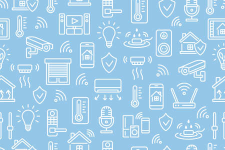 Smart home seamless pattern with flat line icons white color on blue backdrop . Wireless home control background for websites and advertising brochuresのイラスト素材
