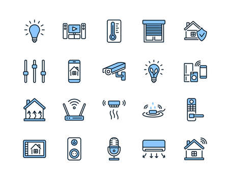 Smart house system flat line icon set blue color. Vector illustration wireless home control and remote monitoring. Editable strokesのイラスト素材