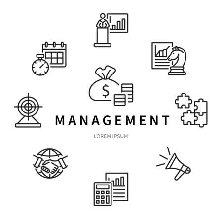 Circle banner with flat line icons about management. Vector illustration components of a successful business. In the center you can write any textのイラスト素材