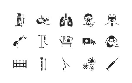 Artificial lung ventilation flat glyph icons set. Coronovirus test and medical equipment for covid-19. Nasal swab laboratory test, icu, oxygen mask, mouth-to-mouth resuscitation, doctor in protective clothing.のイラスト素材