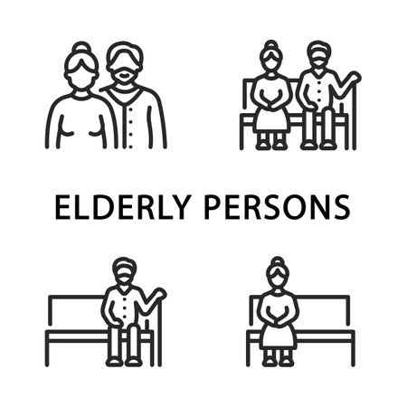 Elderly persons flat line icon set. Vector illustration aged people sit on a bench in pair and one at a time. Editable strokesのイラスト素材