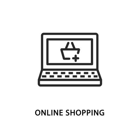 Online shopping flat line icon. Vector illustration online order by laptopのイラスト素材