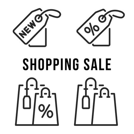 Shopping sale flat line icon set. Tags labels and packages. Sale and new collection. Editable strokes.のイラスト素材