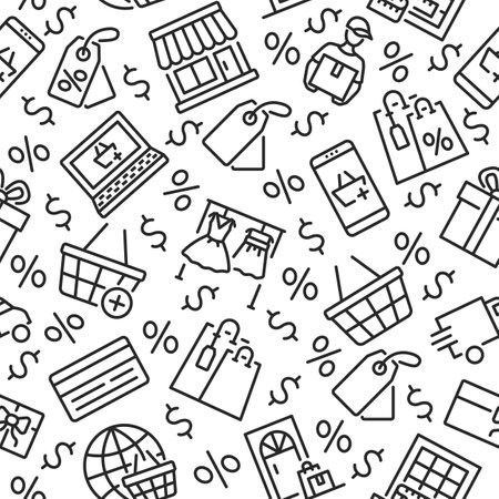 Online shopping seamless pattern with flat line icon.のイラスト素材