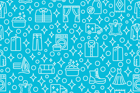 Dry cleaning and laundry seamless pattern with flat line icons. White symbol on a blue backgroundのイラスト素材