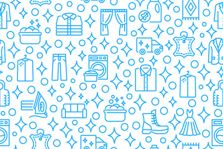 Dry cleaning and laundry seamless pattern with flat line icons. Blue symbol on a white backgroundのイラスト素材