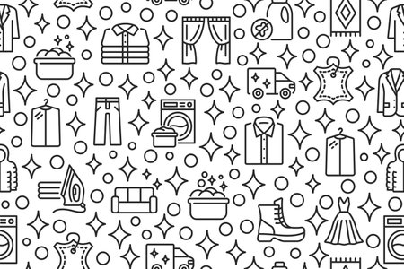 Dry cleaning and laundry seamless pattern with flat line icons.のイラスト素材