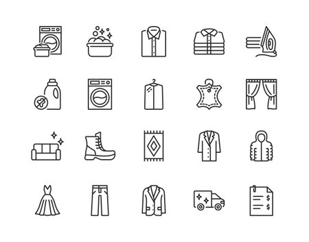 Dry cleaning flat line icon set. Laundry service symbol. Editable strokesのイラスト素材