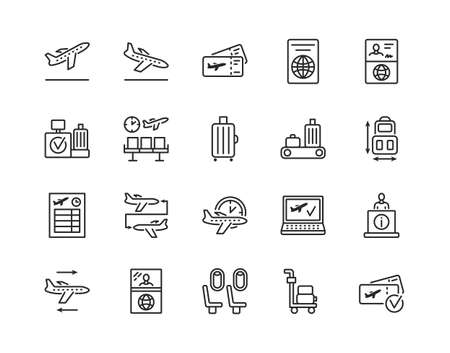 Airport flat line icon set. Vector illustration included online booking, tickets, check in, customs and connecting flight. Editable strokesのイラスト素材