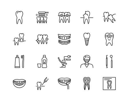 Dentistry flat line icon set. Vector illustration symbol for dental clinic design. Included orthodontics, prosthetics treatment and care. Editable strokesのイラスト素材