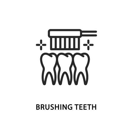 Brushing teeth flat line icon. Vector illustration teeth cleaningのイラスト素材