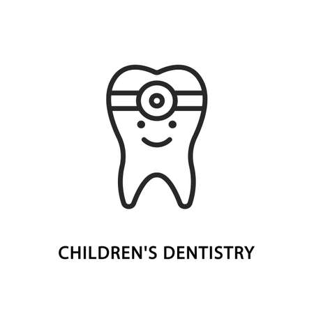 Childrens dentistry flat line icon. Vector illustration funny tooth to indicate baby dentistry in the clinicのイラスト素材