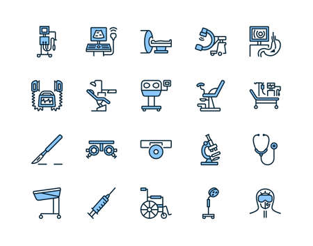 Medical examination equipment flat line icon set blue color. Vector illustration diagnostic tools. Symbols for a complete survey of patients. Editable strokesのイラスト素材