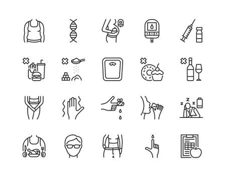 Diabetes flat line icon set. Vector illustration diabetes symptoms and what is forbidden for diabetics to eat. Editable strokesのイラスト素材