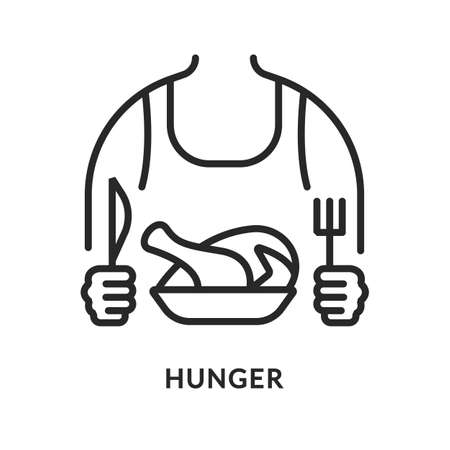 Hunger flat line icon. Vector illustration of a man who wants to eat all the time. A person with a chicken on a plate. Frequent desire to eat. Diabetes symptomのイラスト素材