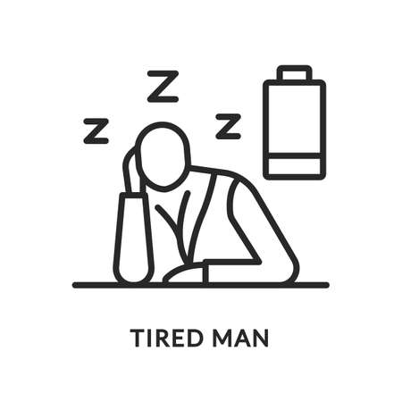 Tired flat line icon. Vector illustration of a tired man. The energy has run out. He wants to sleep. Diabetes symptomのイラスト素材