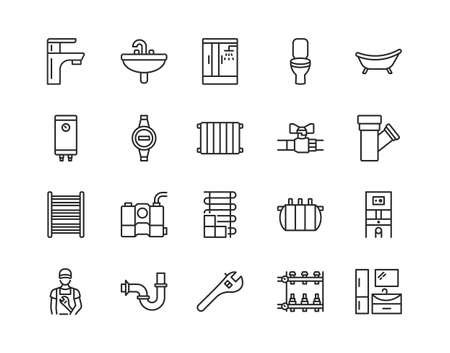 Plumbing flat line icon set. Vector illustration water supply, sewerage, heating, engineering plumbing. Editable strokesのイラスト素材