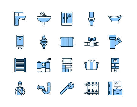 Plumbing flat line icon set blue color. Vector illustration water supply, sewerage, heating, engineering plumbing. Editable strokesのイラスト素材