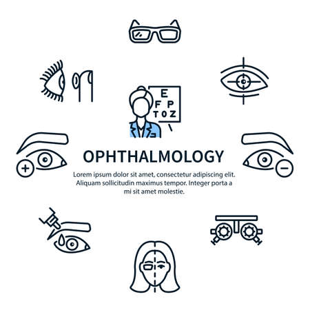 Ophthalmology clinic circle banner with flat line icon. Vector illustration vision treatment.のイラスト素材