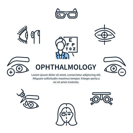 Ilustración de Ophthalmology clinic circle banner with flat line icon. Vector illustration vision treatment. - Imagen libre de derechos