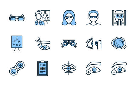 Ophthalmology flat line icon set blue color. Vector illustration vision treatment. Examination in an ophthalmological clinic. Editable strokesのイラスト素材