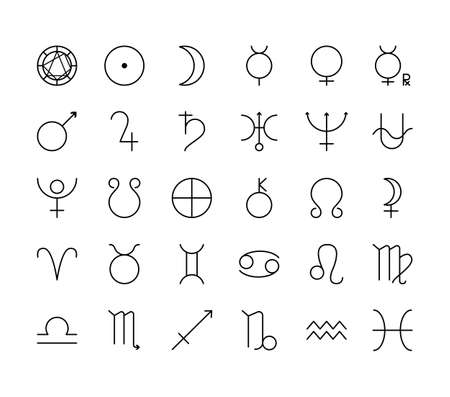 Astrology and alchemical flat line icon set. Vector illustration zodiac signs and planet symbols. Editable strokesのイラスト素材