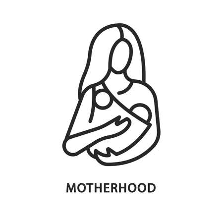 Motherhood flat line icon. Vector illustration a baby in a sling in a womans arms. Breastfeedingのイラスト素材