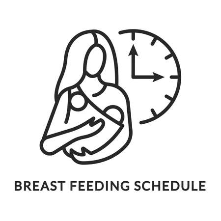 Breastfeeding schedule flat line icon. Vector illustration a baby in a sling in a womans arms.のイラスト素材