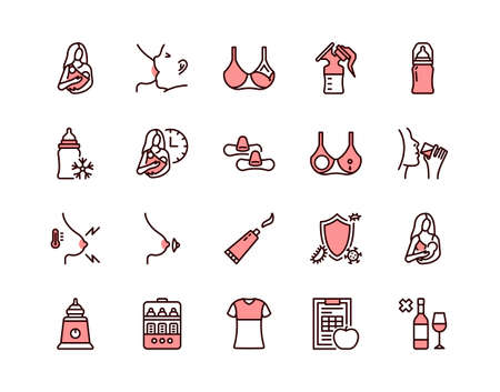Breastfeeding flat line icon set pink color. Vector illustration lactation. Included nipple shield, breast pads, newborn feeding for hours, nursing clothes, mastitis. Editable strokesのイラスト素材