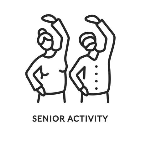 Senior activity flat line icon. Vector illustration elderly people doing exercise.のイラスト素材