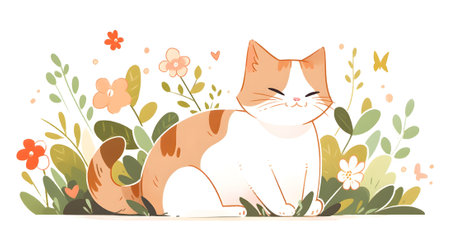 Flat illustration very cute cat sitting in the grassの素材