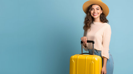 Photo fun tourist woman in a casual clothes, hat and with a yellow suitcase on isolated blue backgroundの素材