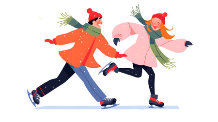 Flat illustration cute couple ice skating in winter clothesの素材