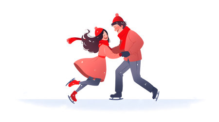 Flat illustration cute couple does figure skating in winter clothesの素材