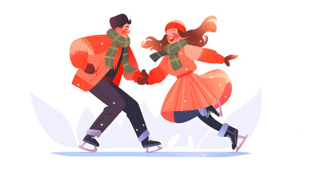 Flat illustration very sweet couple ice skating in winter clothesの素材