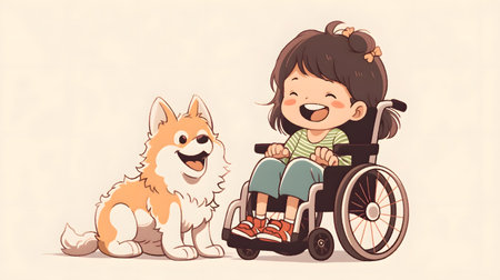 Isolated flat illustration of a disabled child of cute laughing in a wheelchair with a dog on a white backgroundの素材