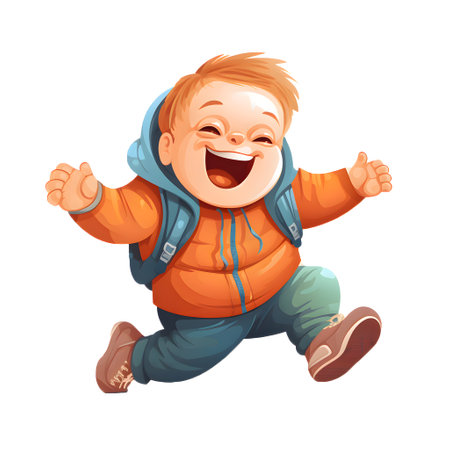 Isolated flat illustration cute child with down syndrome runs and laughs on a white backgroundの素材