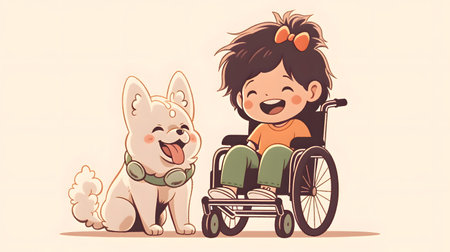 Isolated flat illustration of a disabled child of cute laughing in a wheelchair with a dog on a white backgroundの素材