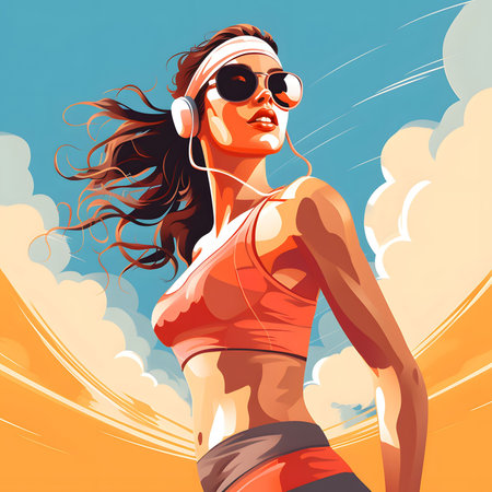 Flat illustration beautiful athletic woman with headphones and sunglassesの素材