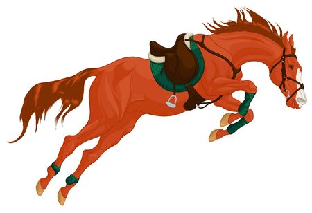 Red stallion overcomes an obstacle in a powerful jump. Illustration of a steed equipped for show jumping competition with green shabrack and bandages. Vector clip art for cross-country equestrianism.のイラスト素材
