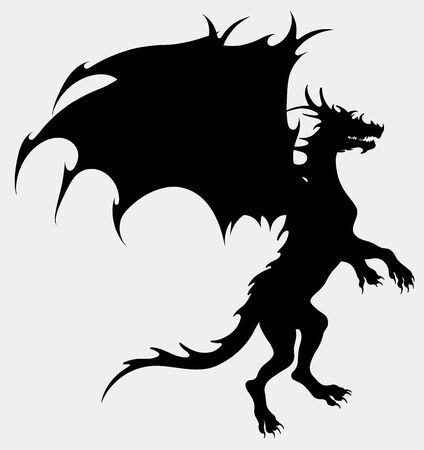 Dragon preparing for takeoff. Silhouette of a winged snake, mythological character of fairy tales. Fantastic creature growls.のイラスト素材