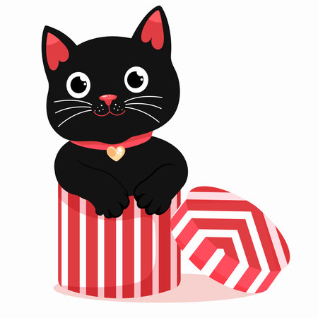 Cute black cat inside a red gift box. Cartoon vector illustration isolated on white background.のイラスト素材