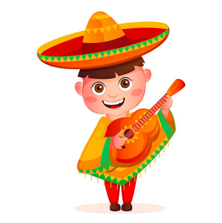 Mexican little cute boy with colorful poncho and sombrero. Little boy playing guitar. cartoon vector illustration.のイラスト素材